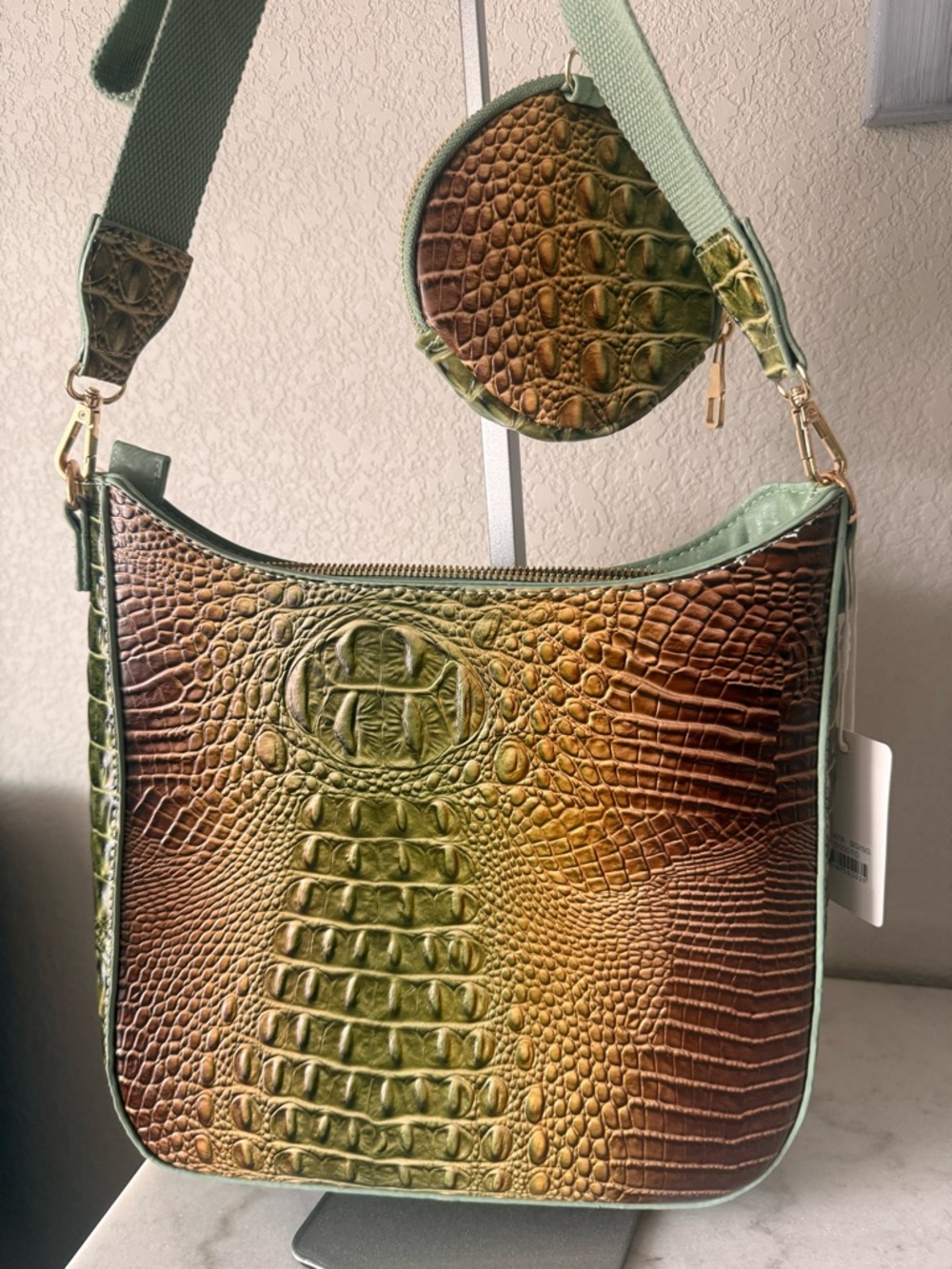 Faux Croc-Embossed Olive & Brown Ombre Shoulder Bag with Gold Turn-Lock-NWT!! - Picture 6 of 9